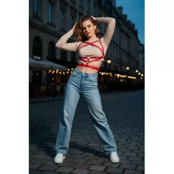 Kırmızı Kadın Kemer Deri Çapraz Bantlı Vücut Kemer - APFT991