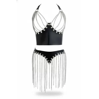 Siyah Etek Zincir Püsküllü Suni Deri Etek Mini Etek - APFT994