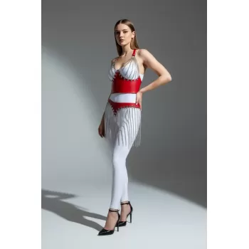 Kırmızı Etek Zincir Detaylı Etek Suni Deri Etek Vücut Aksesuarı - APFT994