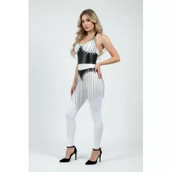 Siyah Etek Deri Korse Tipi Zincir Saçaklı - APFT994