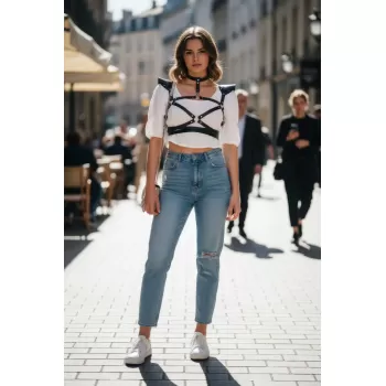 Siyah Kadın Kemer Deri Çapraz Bantlı Omuz Detaylı - APFT996