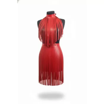 Kırmızı Etek Deri Şerit Detaylı Etek Yüksek Bel Etek Midi Boy Deri Etek - APFT997