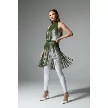 Haki Etek Suni Deri Etek Püsküllü Parti Kıyafeti - APFT997