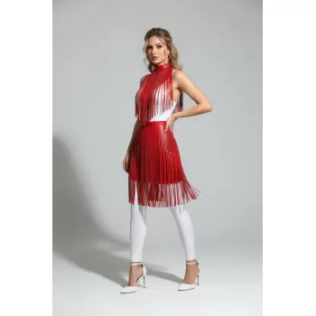 Kırmızı Etek Püsküllü Suni Deri Etek Yüksek Bel Etek - APFT997