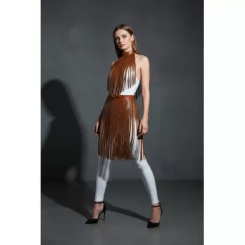 Kahverengi Etek Püskül Detaylı Etek Yüksek Bel Etek - APFT997