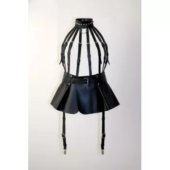 Siyah Etek Suni Deri Etek Tokalı Kafes Yapılı Mini Etek - APFT998