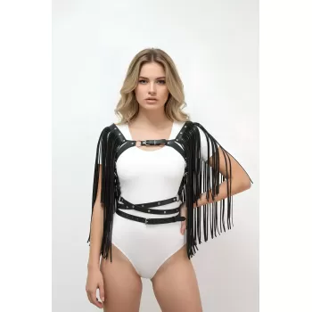 Siyah Göğüs Harness Deri Püsküllü Ayarlanabilir - APFT999