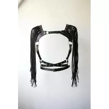 Siyah Göğüs Harness Omuz Püsküllü Zımba Detaylı Deri - APFT999