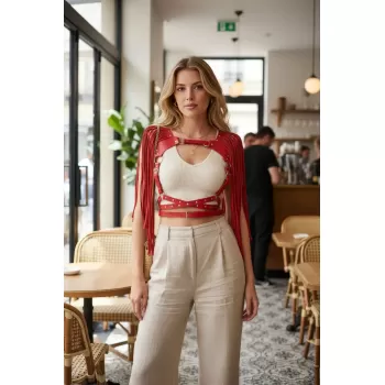 Kırmızı Göğüs Harness Püskül Detaylı Deri Omuz Aksesuarı - APFT999