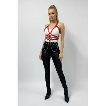 Kırmızı Kadın Kemer Zincir Detaylı Suni Deri Vücut Kemeri - APFT9