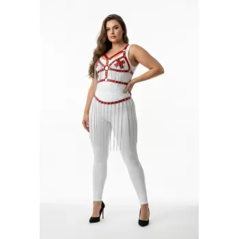 Büyük Beden Beyaz Etek Zincir Detaylı Deri Vücut Aksesuarı - APFT496