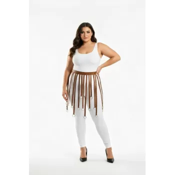 Büyük Beden Taba Halka Detaylı Deri Görünümlü Aksesuar Etek - APFT579