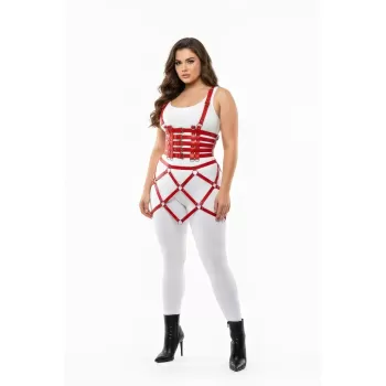 Büyük Beden Kırmızı Etek Büstiyer Görünümlü Kafes Tasarım Deri Harness - APFT785