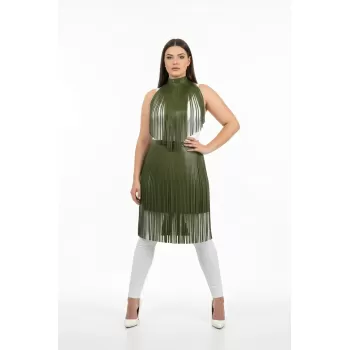 Büyük Beden Haki Deri Püskül Detaylı Uzun Etek - APFT997