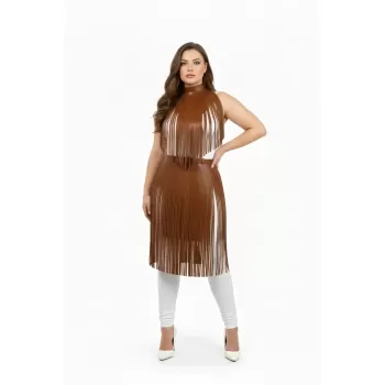 Büyük Beden Taba Püsküllü Deri Etek Kombin Tamamlayıcı Aksesuar - APFT997