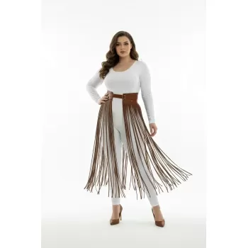 Büyük Beden Kahverengi Etek Uzun Püsküllü Deri Aksesuar - APFT1003