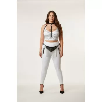 Büyük Beden Siyah Kadın Harness Takım Zincir ve Püskül Detaylı Deri Fantezi Aksesuar - APFT328