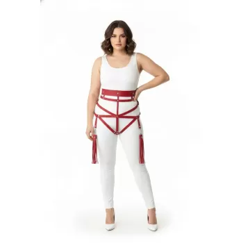 Büyük Beden Kırmızı Kadın Harness Takım Püskül Detaylı Deri Vücut Aksesuarı - APFT397