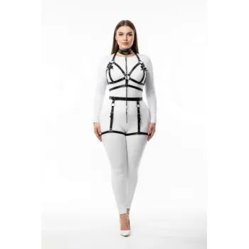 Büyük Beden Siyah Kadın Harness Takım Zincir Detaylı Deri Jartiyer Aksesuar - APFT457