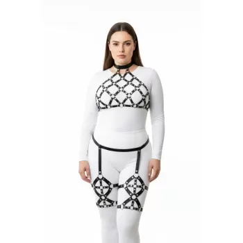 Büyük Beden Siyah Kadın Deri Full Body Harness Takım Halka Detaylı Jartiyerli - APFT460