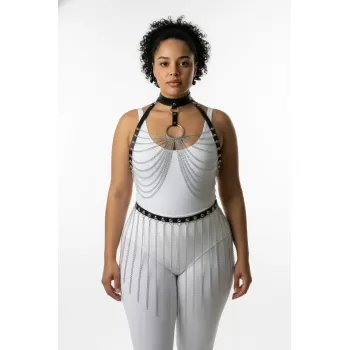 Büyük Beden Siyah Kadın Harness Takım Zincir Detaylı Seksi Deri - APFT462