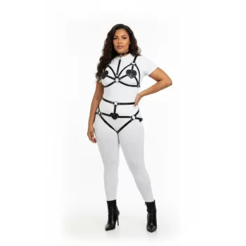 Büyük Beden Siyah Kadın Deri Harness Takım Kalp Detaylı Fantezi Aksesuar - APFT467