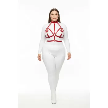 Büyük Beden Kırmızı Kadın Harness Takım Deri Göğüs Aksesuarlı Halka Detaylı - APFT473