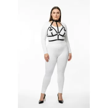 Büyük Beden Siyah Kadın Deri Harness Takım Boyunluk ve Halka Detaylı Fantazi Aksesuar - APFT473