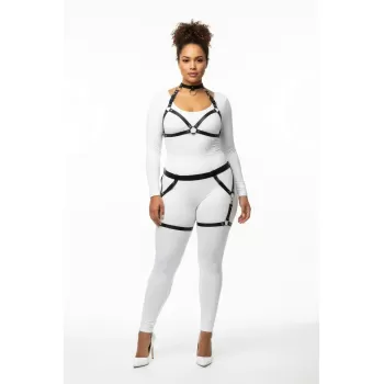 Büyük Beden Siyah Kadın Deri Harness Takım Jartiyerli Halka Detaylı - APFT478