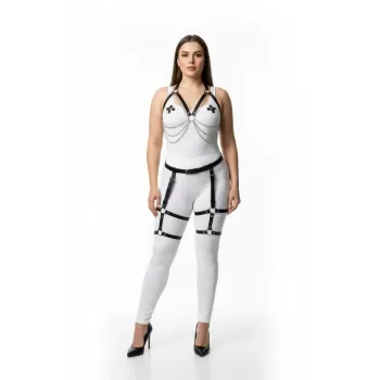 Büyük Beden Siyah Kadın Zincir Detaylı Deri Jartiyerli Harness Takım - APFT497