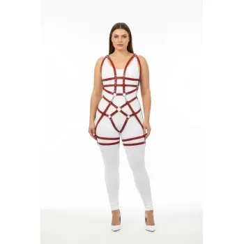 Büyük Beden Bordo Kadın Harness Takım Zincir ve Halka Detaylı Fantezi Deri - APFT502