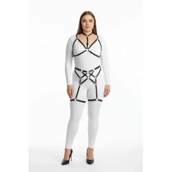 Büyük Beden Siyah Kadın Harness Takım Full Body Halka Detaylı Vücut Aksesuarı - APFT507