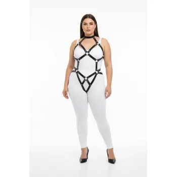 Büyük Beden Siyah Kadın Harness Takım Deri Halka Detaylı Fantazi Vücut Aksesuarı - APFT514