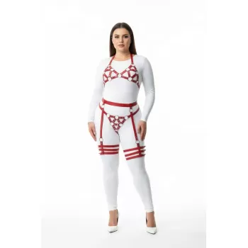 Büyük Beden Kırmızı Kadın Deri Harness Takım Halka Detaylı Jartiyerli Fantezi Aksesuar - APFT530