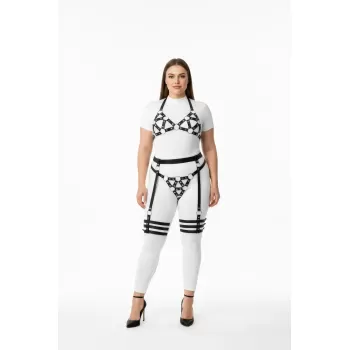 Büyük Beden Siyah Kadın Deri Görünümlü Harness Takım Jartiyerli O