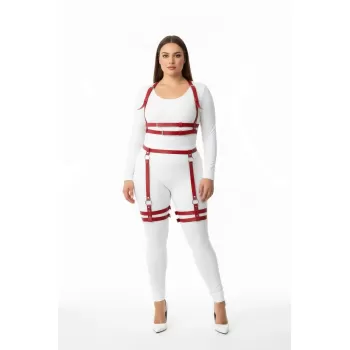 Büyük Beden Kırmızı Kadın Deri Harness Takım Ayarlanabilir Halka Detaylı - APFT537