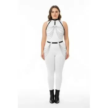 Büyük Beden Siyah Kadın Harness Takım Zincir Detaylı Deri Fantezi Aksesuarı - APFT701