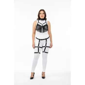 Büyük Beden Siyah Kadın Harness Takım Püsküllü Deri Görünümlü Jartiyerli Fantezi Aksesuar - APFT715