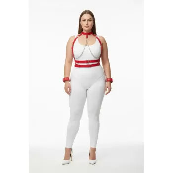 Büyük Beden Kırmızı Kadın Deri Harness Takım Zincir Detaylı Fantezi Aksesuar - APFT720