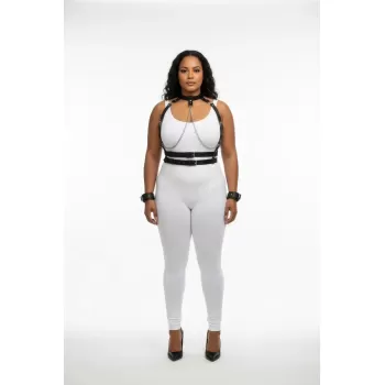 Büyük Beden Siyah Kadın Deri Harness Takım Zincir Detaylı Fantazi Full Set - APFT720