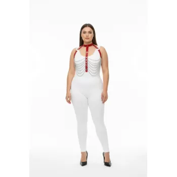 Büyük Beden Kırmızı Kadın Harness Takım Zincir Detaylı Deri Vücut Aksesuarı - APFT721