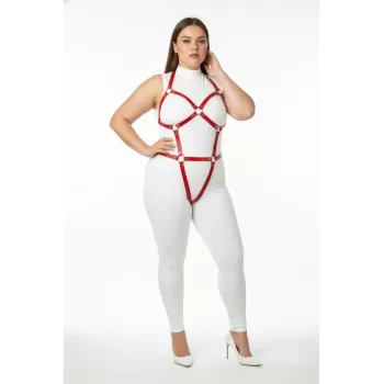 Büyük Beden Kırmızı Kadın Harness Takım Full Body Deri Fantazi Aksesuarı - APFT759