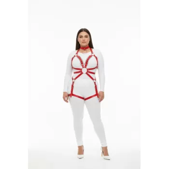Büyük Beden Kırmızı Kadın Deri Harness Takım Zincir ve Jartiyer Detaylı - APFT781