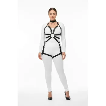 Büyük Beden Siyah Kadın Harness Takım Full Body Deri Şık Tasarım - APFT781