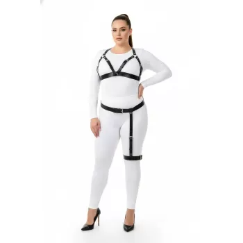 Büyük Beden Siyah Kadın Harness Takım Jartiyer Kemerli Şık Deri Aksesuar - APFT863