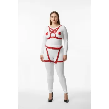 Büyük Beden Kırmızı Kadın Harness Takım Seksi Deri Jartiyerli - APFT866