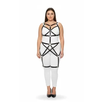 Büyük Beden Siyah Kadın Full Body Deri Harness Takım Metal Detaylı Vücut Aksesuarı - APFT894