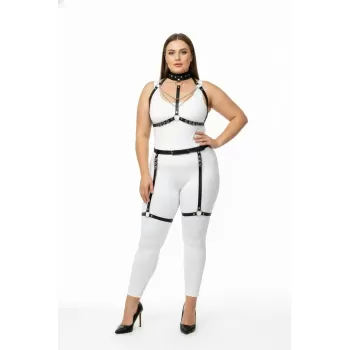 Büyük Beden Siyah Kadın Deri Harness Takım Zincir Detaylı Fantezi Aksesuar - APFT1081