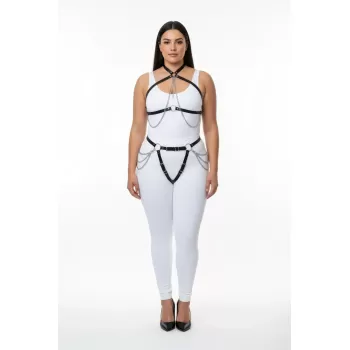 Büyük Beden Siyah Kadın Harness Takım Zincir Detaylı Deri Vücut Aksesuarı - APFT1084