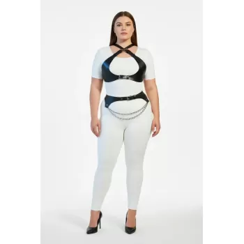 Büyük Beden Siyah Kadın Harness Takım Zincir Detaylı Deri Görünümlü Aksesuar - APFT1164